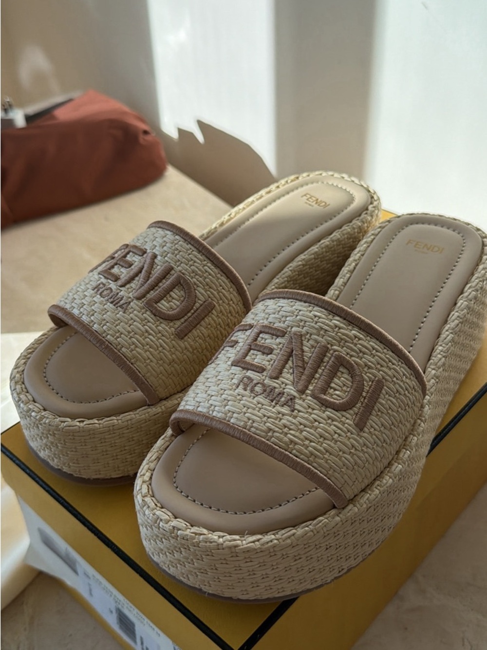 Fendi Beige Raffia Logo Slide Mules - Picture 3 of 8